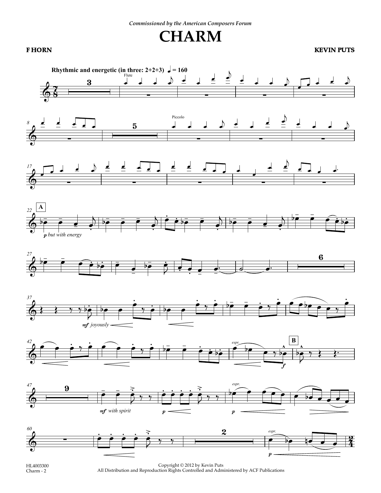 Download Kevin Puts Charm - FRENCH HORN Sheet Music and learn how to play Concert Band PDF digital score in minutes