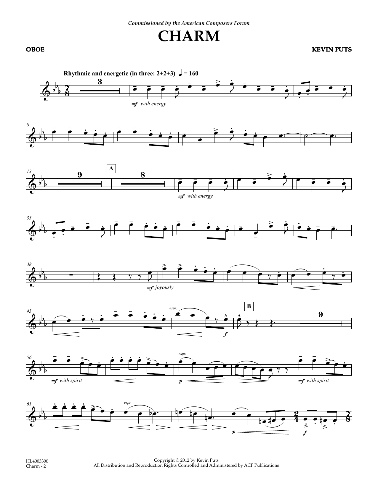 Download Kevin Puts Charm - Oboe Sheet Music and learn how to play Concert Band PDF digital score in minutes