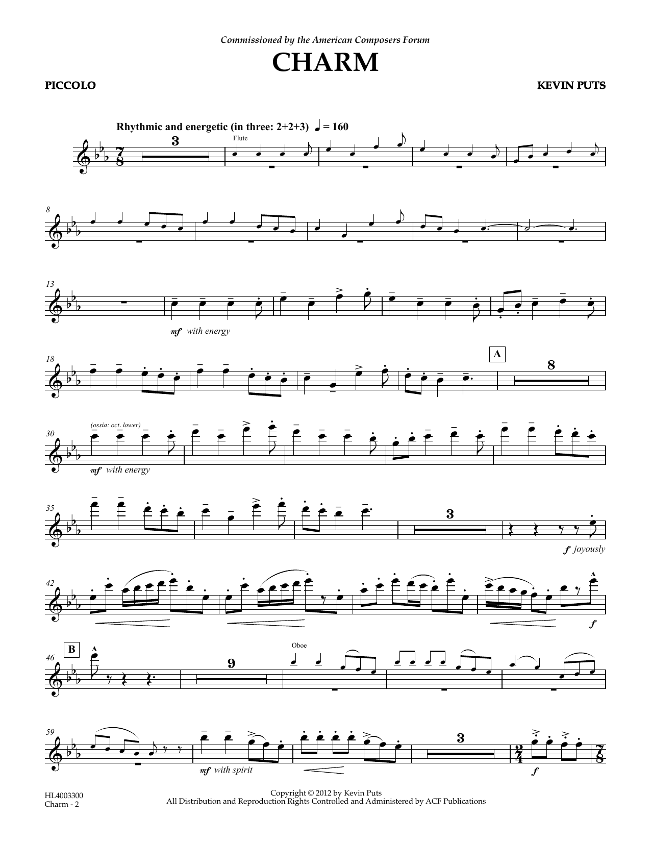 Download Kevin Puts Charm - Piccolo Sheet Music and learn how to play Concert Band PDF digital score in minutes