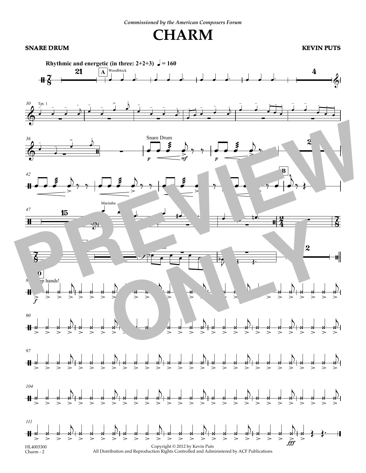 Download Kevin Puts Charm - Snare Drum Sheet Music and learn how to play Concert Band PDF digital score in minutes