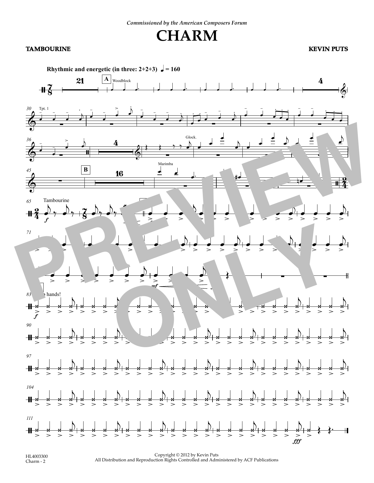 Download Kevin Puts Charm - Tambourine Sheet Music and learn how to play Concert Band PDF digital score in minutes