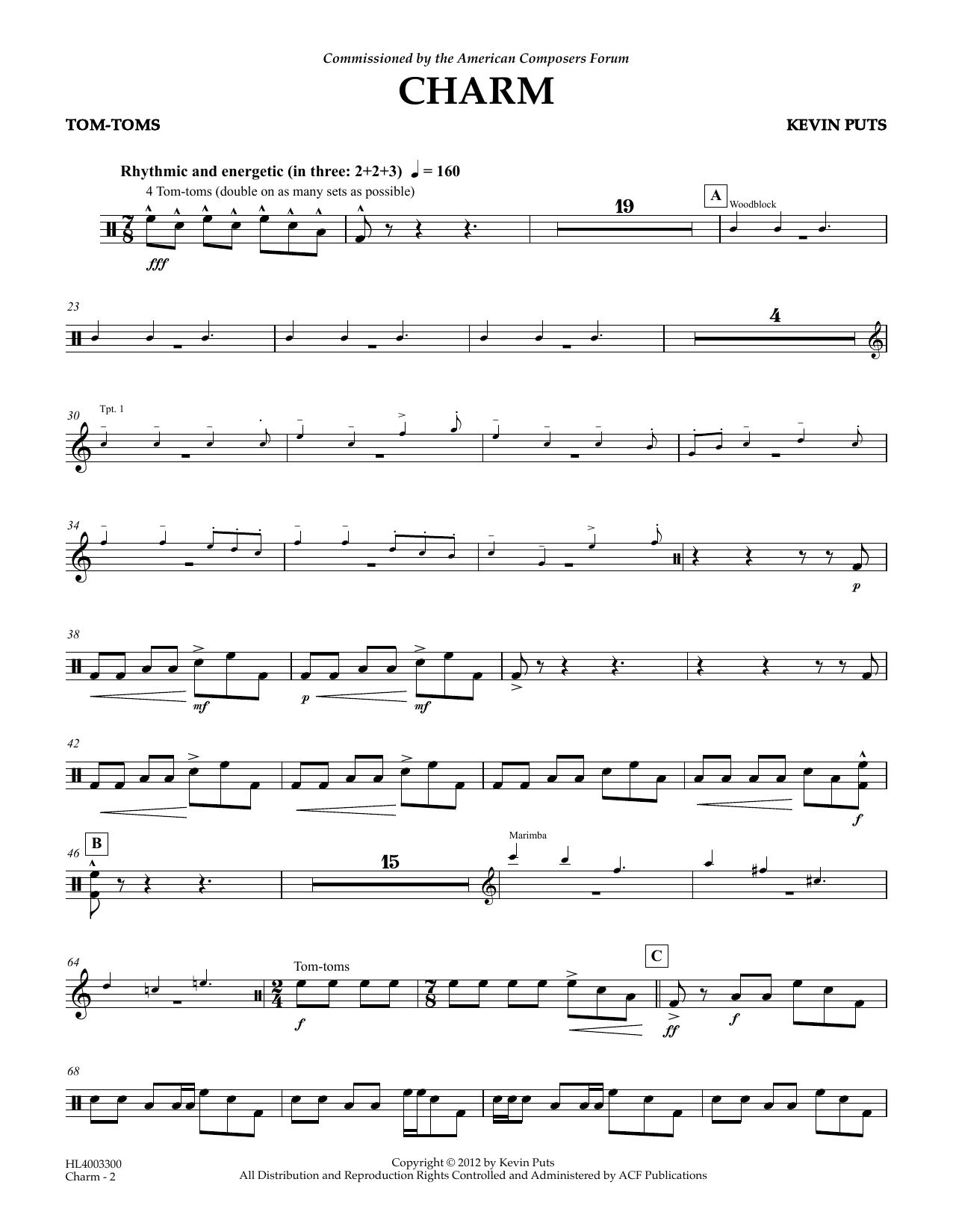 Download Kevin Puts Charm - Tom-Toms Sheet Music and learn how to play Concert Band PDF digital score in minutes