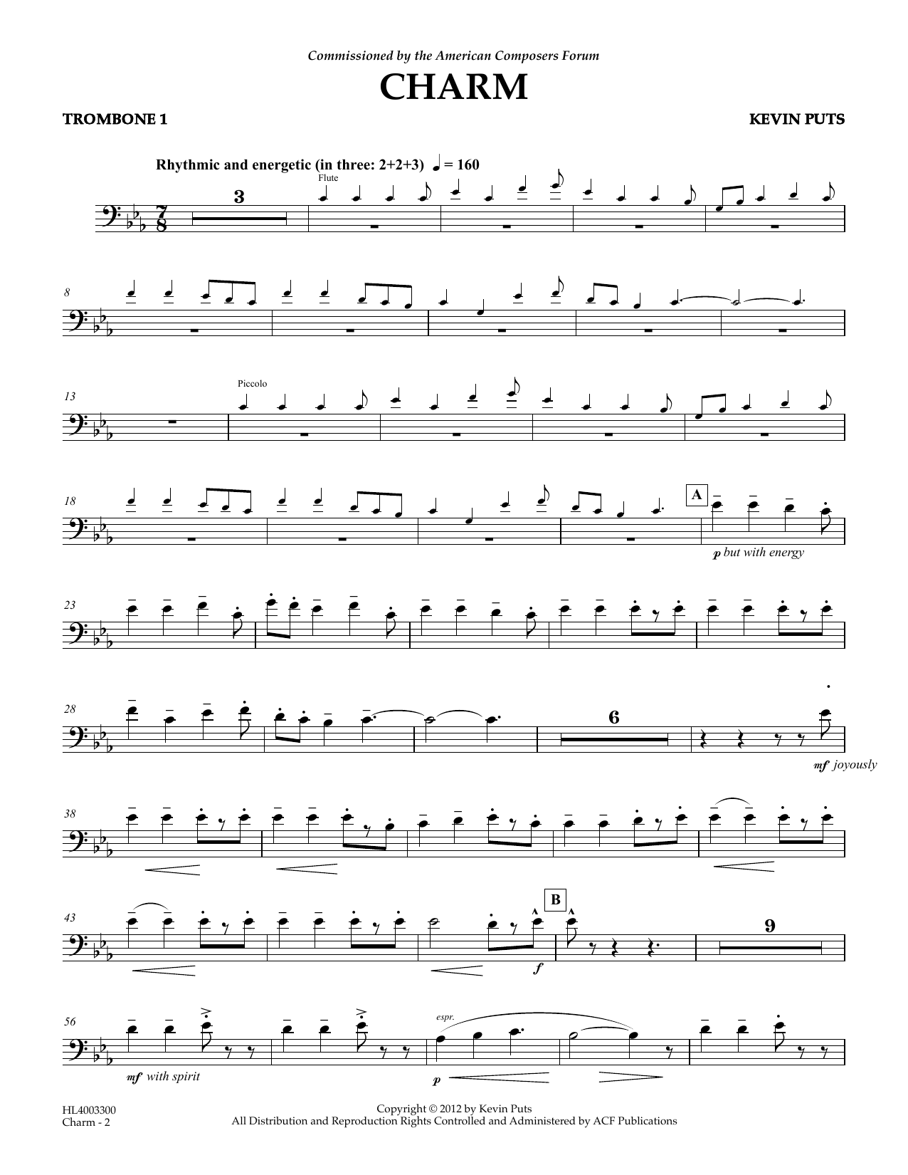 Download Kevin Puts Charm - Trombone 1 Sheet Music and learn how to play Concert Band PDF digital score in minutes