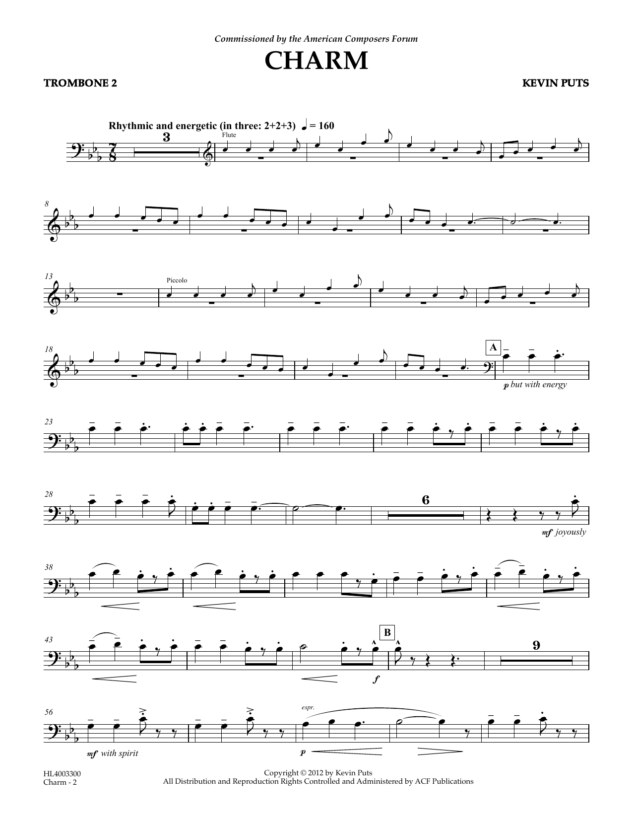 Download Kevin Puts Charm - Trombone 2 Sheet Music and learn how to play Concert Band PDF digital score in minutes