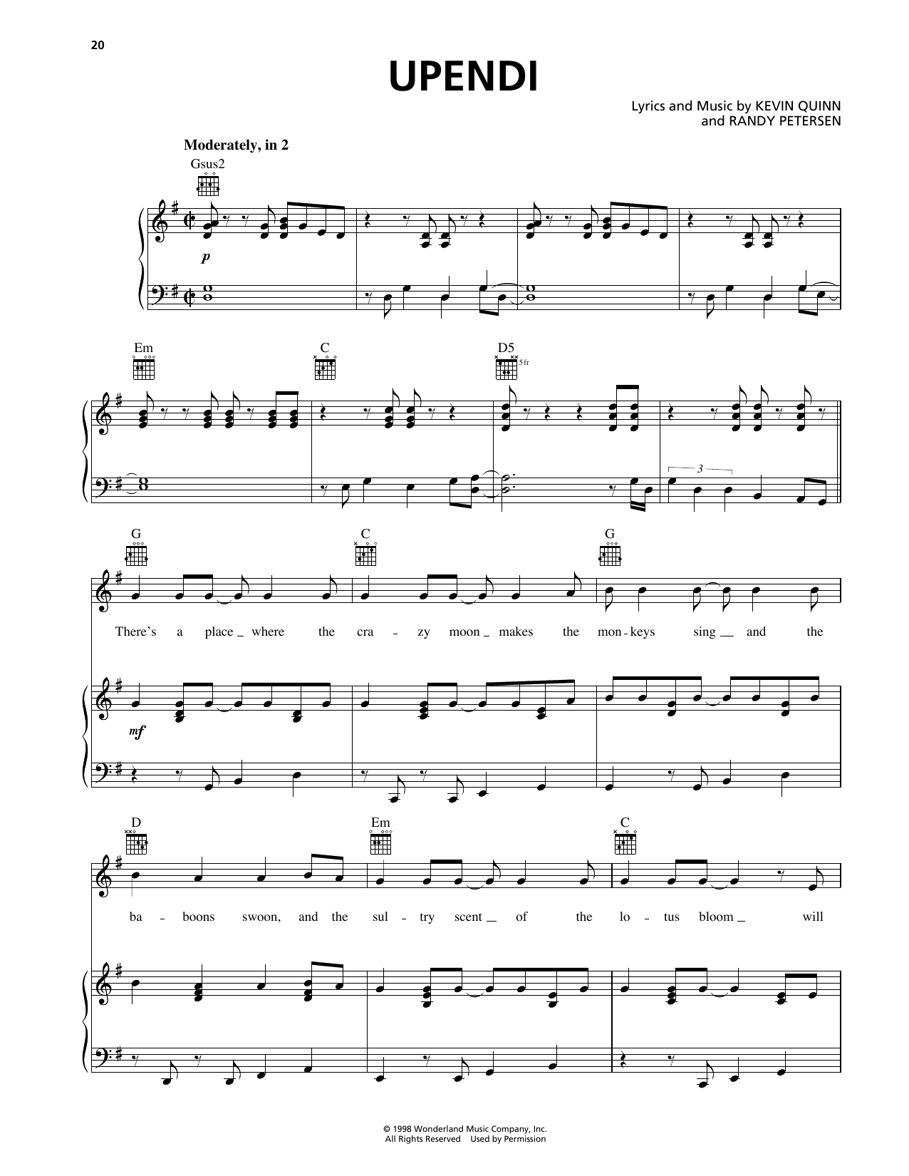 Download Kevin Quinn Upendi (from The Lion King II: Simba's Pride) Sheet Music and learn how to play Piano, Vocal & Guitar Chords (Right-Hand Melody) PDF digital score in minutes
