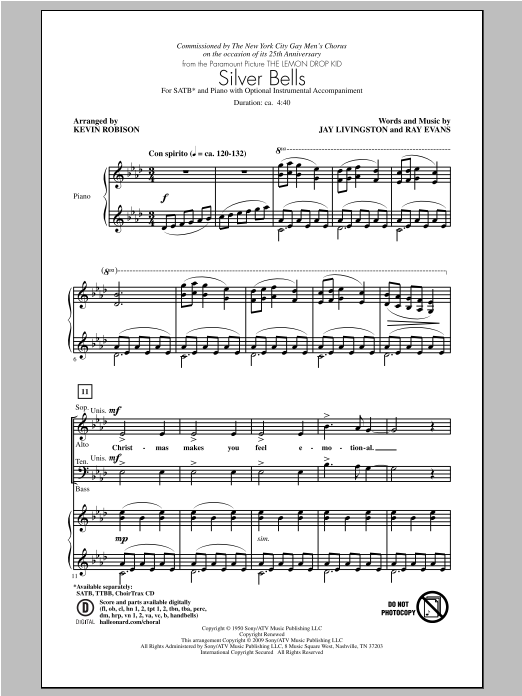 Download Jay Livingston Silver Bells (arr. Kevin Robinson) Sheet Music and learn how to play SATB PDF digital score in minutes