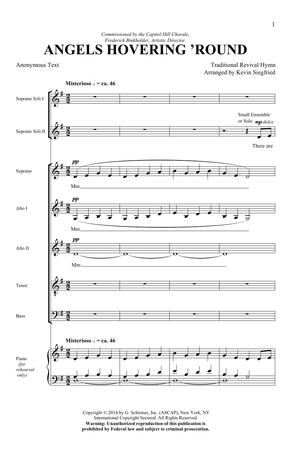 Download Kevin Siegfried Angels Hovering Round Sheet Music and learn how to play SATB Choir PDF digital score in minutes