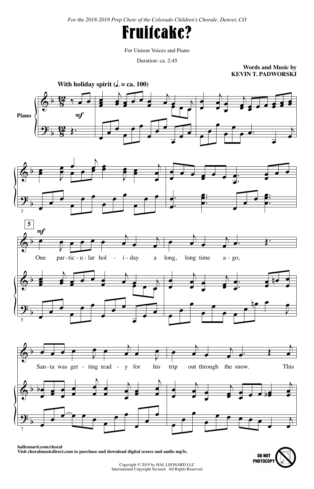 Download Kevin T. Padworski Fruitcake? Sheet Music and learn how to play Unison Choir PDF digital score in minutes
