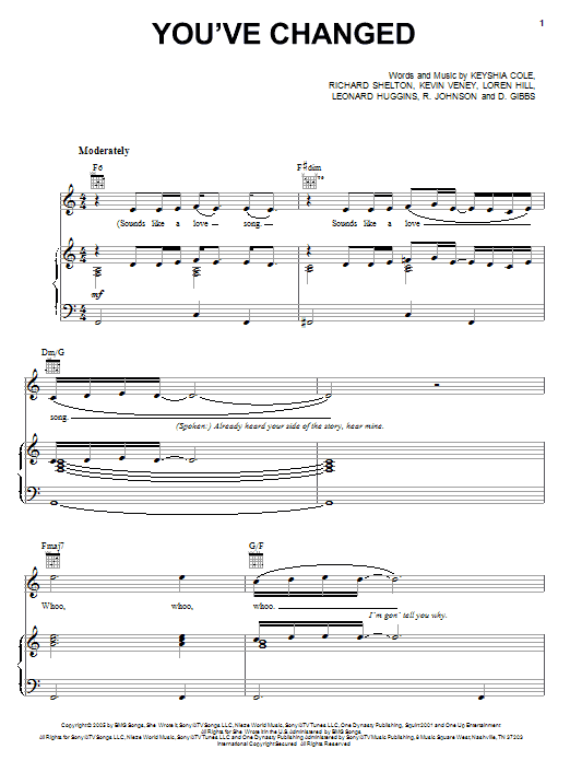 Download Keyshia Cole You've Changed Sheet Music and learn how to play Piano, Vocal & Guitar (Right-Hand Melody) PDF digital score in minutes