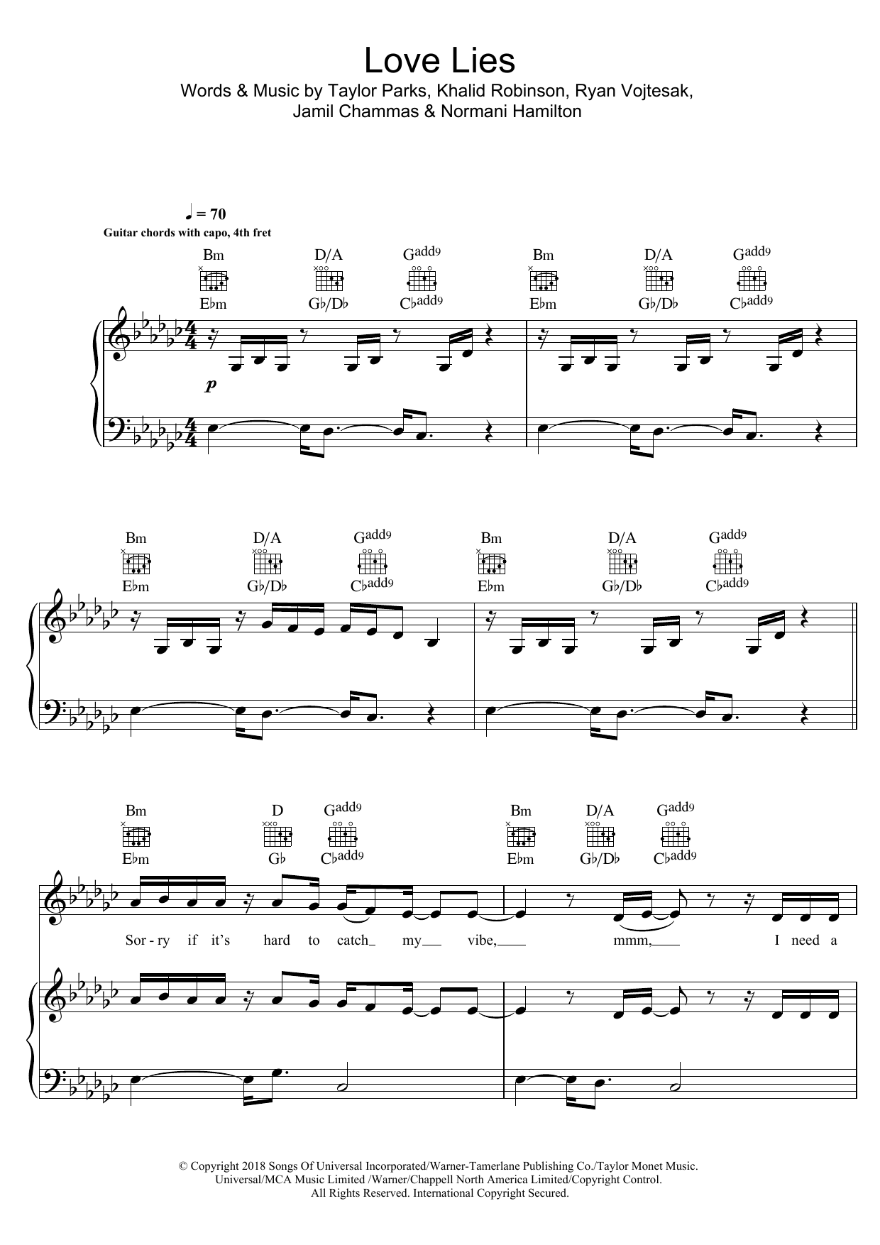 Download Khalid & Normani Love Lies Sheet Music and learn how to play Piano, Vocal & Guitar (Right-Hand Melody) PDF digital score in minutes