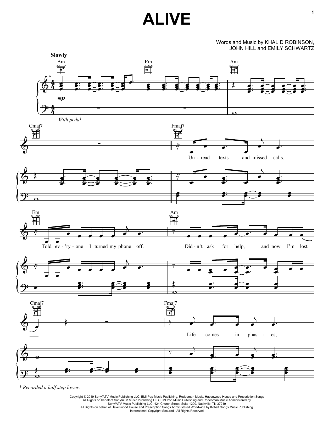 Download Khalid Alive Sheet Music and learn how to play Piano, Vocal & Guitar Chords (Right-Hand Melody) PDF digital score in minutes