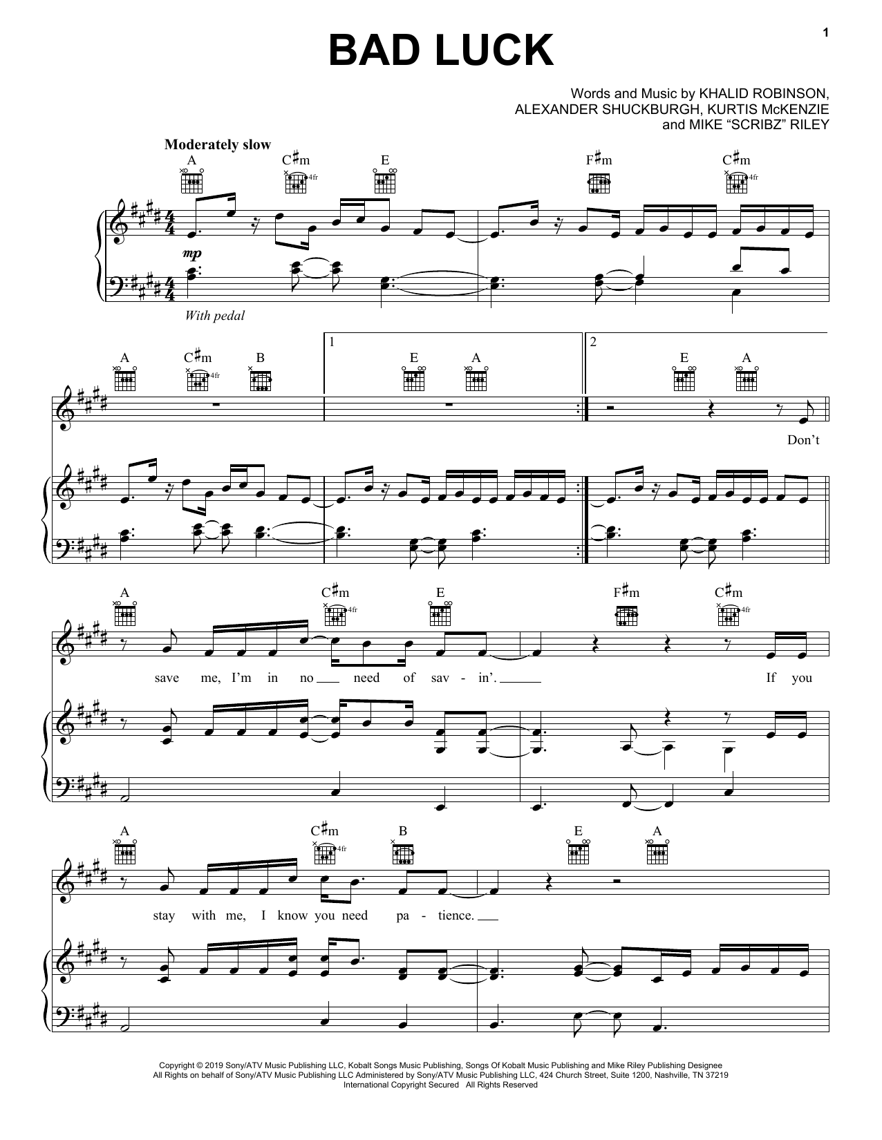 Download Khalid Bad Luck Sheet Music and learn how to play Piano, Vocal & Guitar Chords (Right-Hand Melody) PDF digital score in minutes