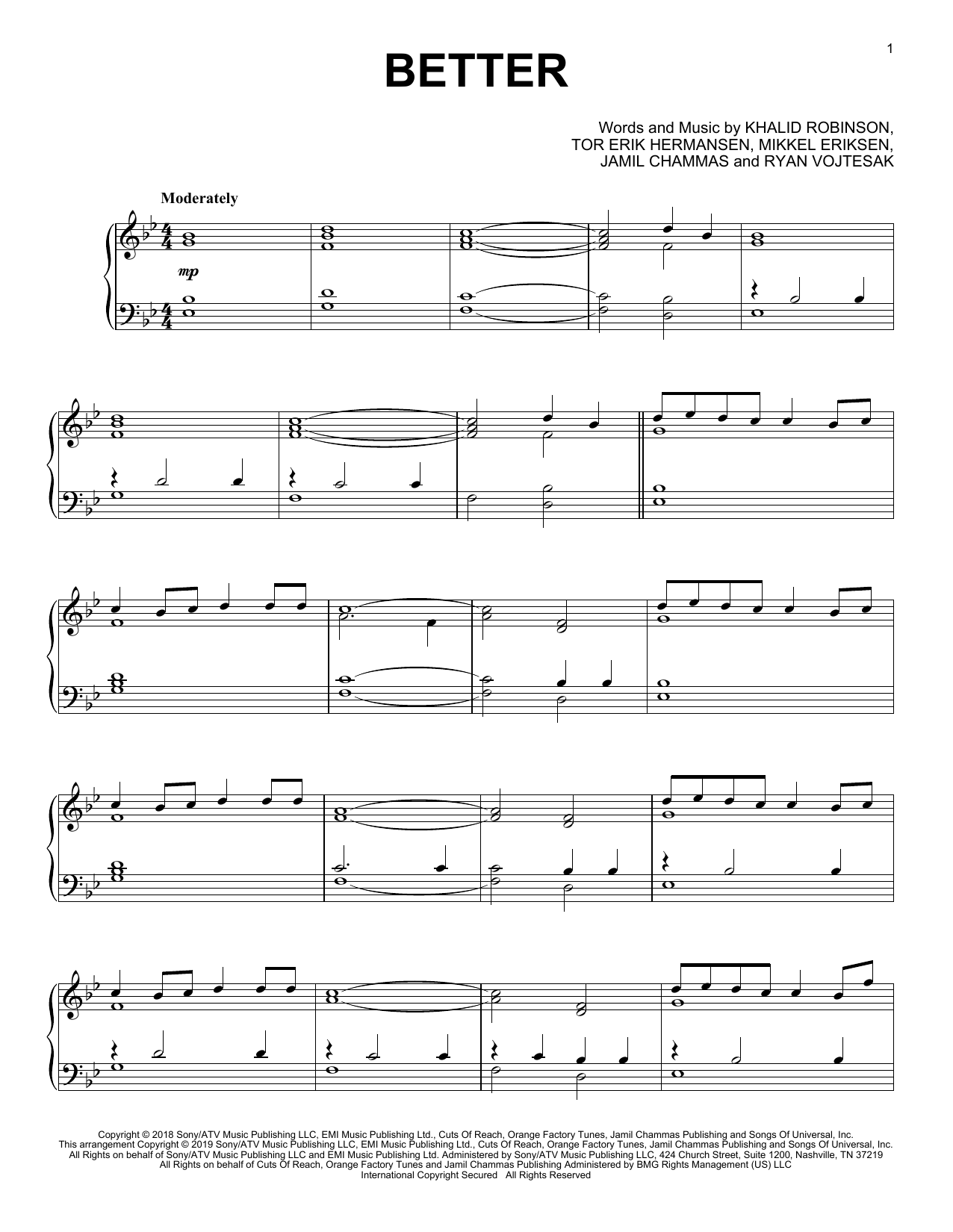 Download Khalid Better Sheet Music and learn how to play Piano, Vocal & Guitar Chords (Right-Hand Melody) PDF digital score in minutes