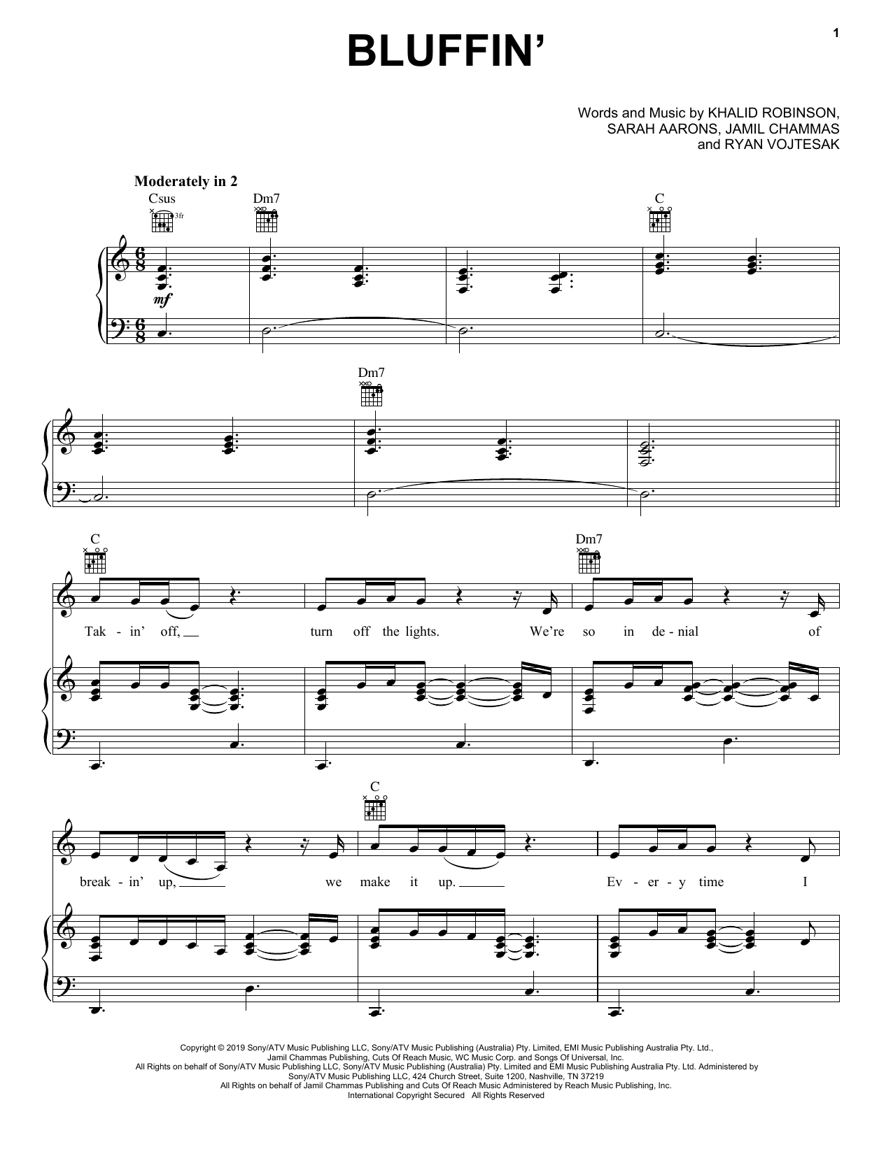 Download Khalid Bluffin' Sheet Music and learn how to play Piano, Vocal & Guitar Chords (Right-Hand Melody) PDF digital score in minutes