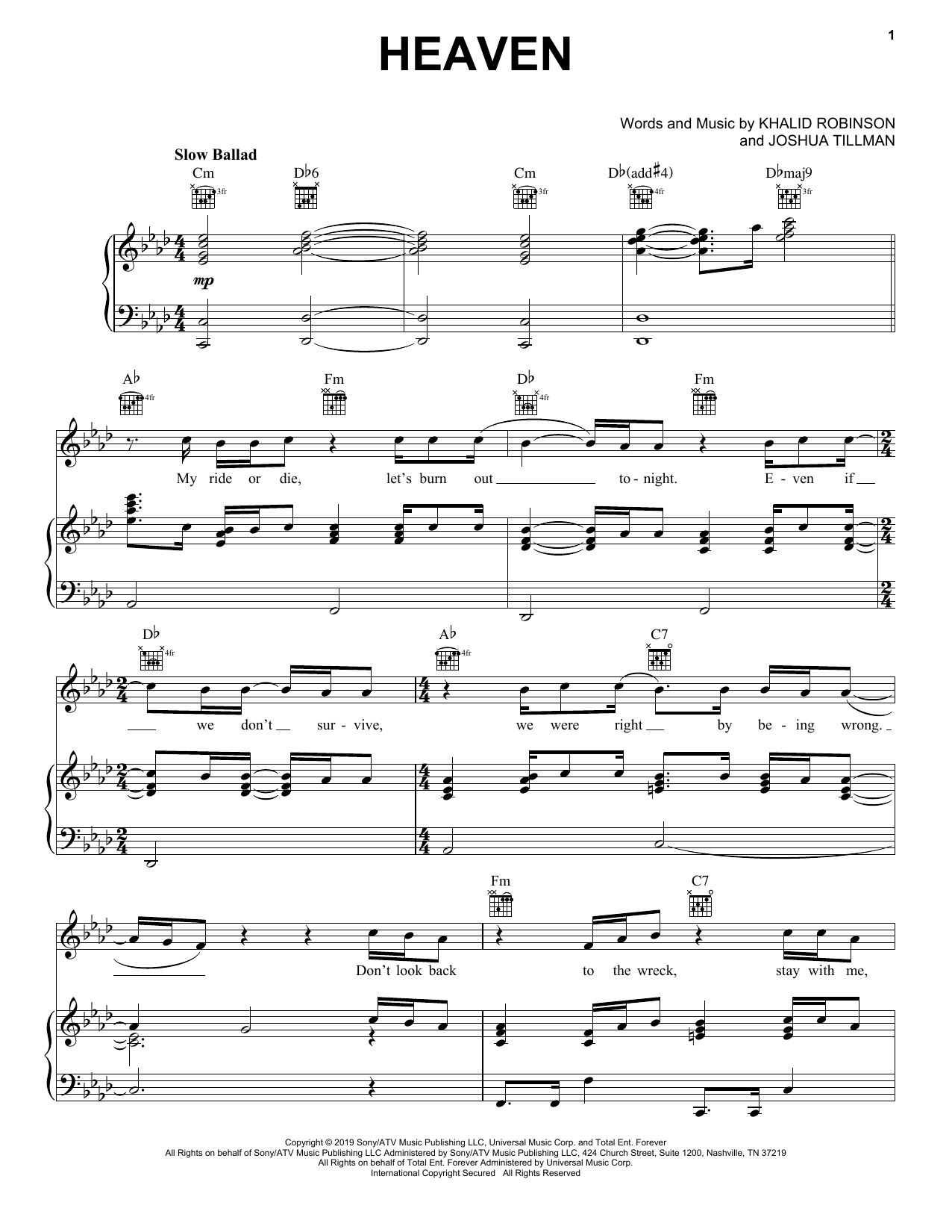 Download Khalid Heaven Sheet Music and learn how to play Piano, Vocal & Guitar Chords (Right-Hand Melody) PDF digital score in minutes