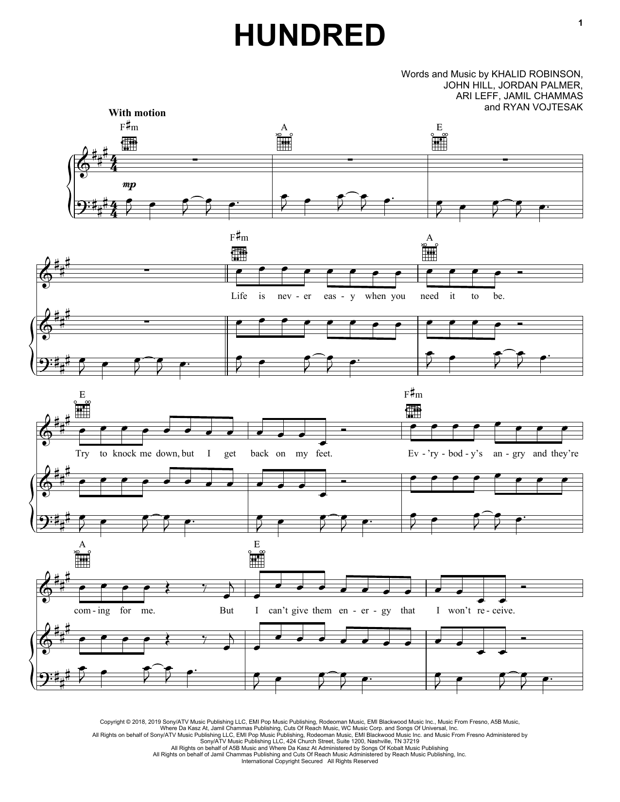 Download Khalid Hundred Sheet Music and learn how to play Piano, Vocal & Guitar Chords (Right-Hand Melody) PDF digital score in minutes