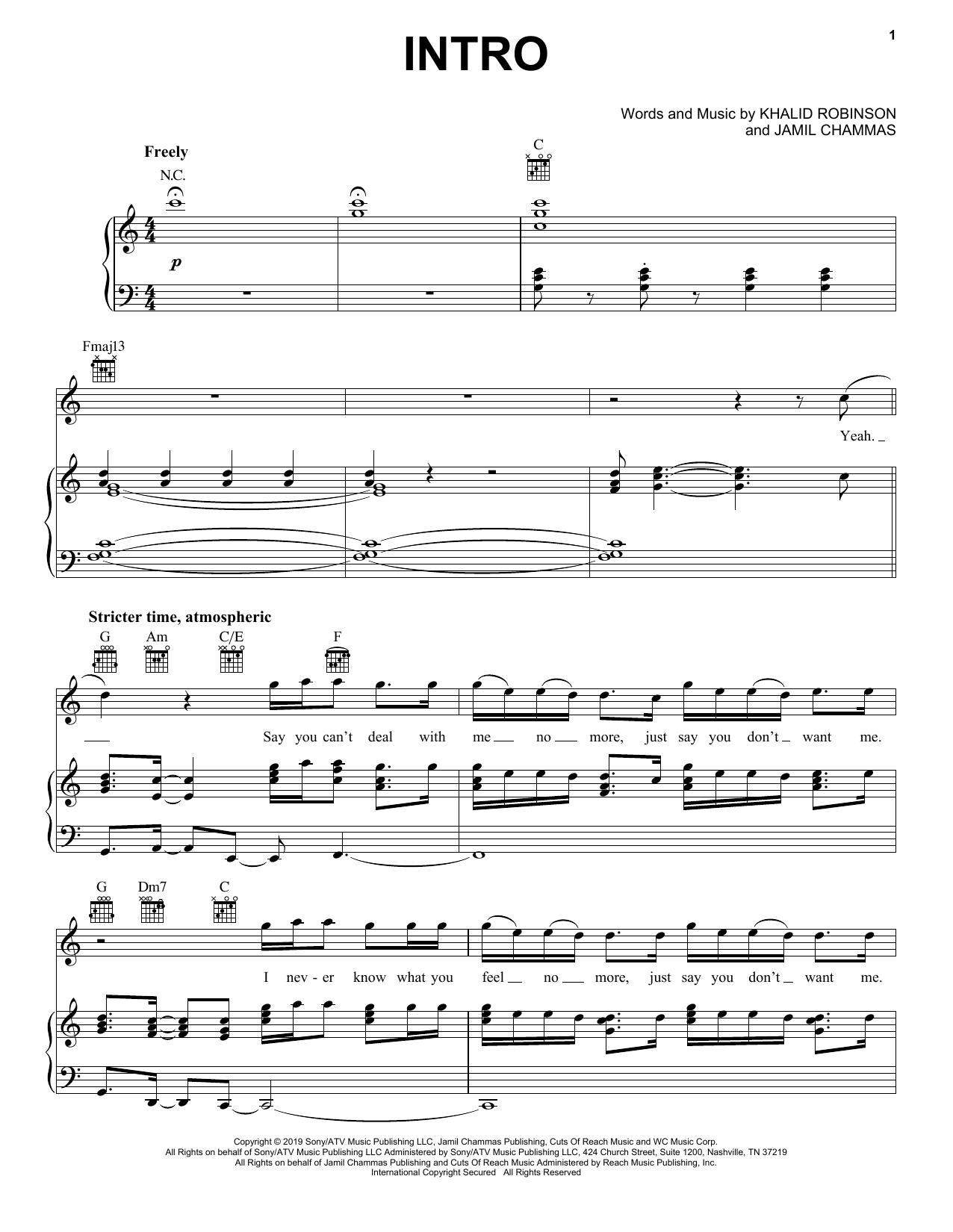 Download Khalid Intro Sheet Music and learn how to play Piano, Vocal & Guitar Chords (Right-Hand Melody) PDF digital score in minutes