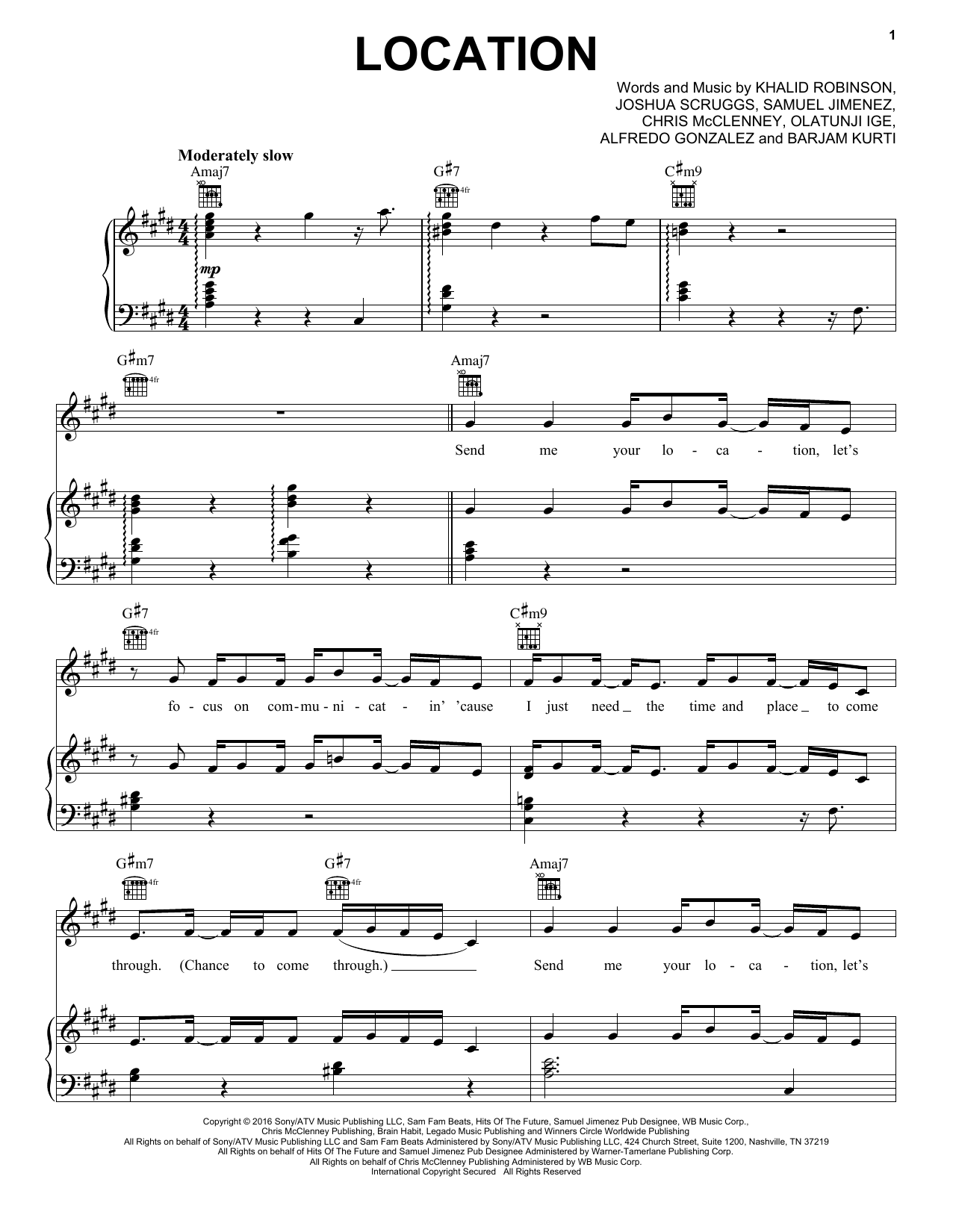 Download Khalid Location Sheet Music and learn how to play Piano (Big Notes) PDF digital score in minutes