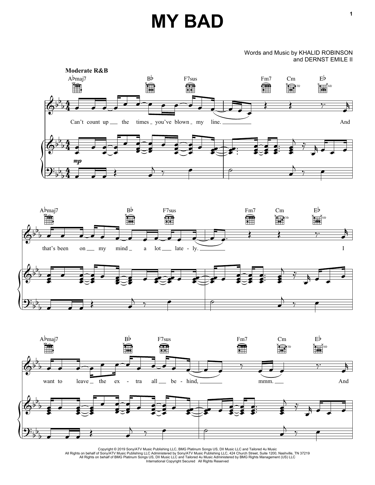 Download Khalid My Bad Sheet Music and learn how to play Piano, Vocal & Guitar Chords (Right-Hand Melody) PDF digital score in minutes