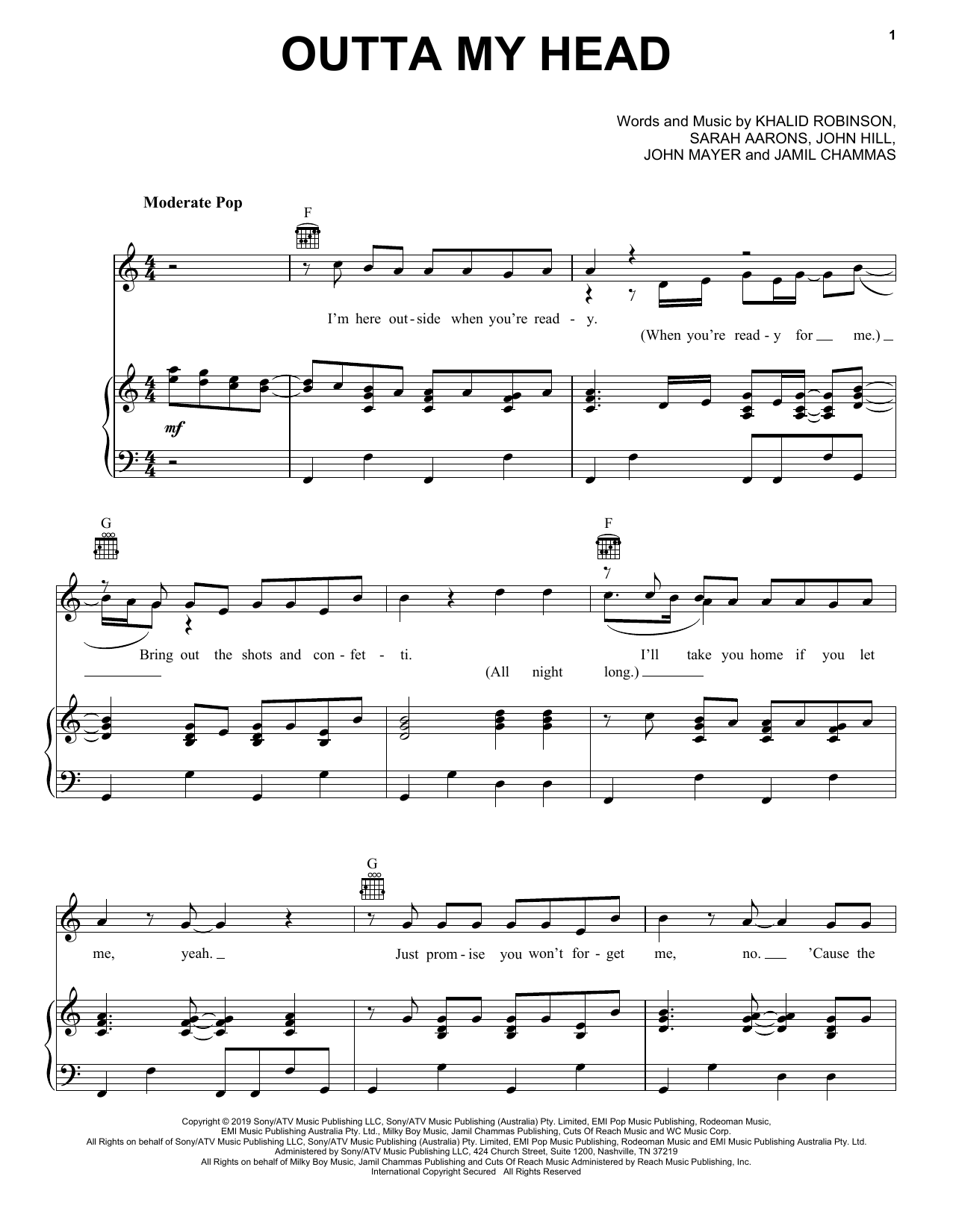 Download Khalid Outta My Head (feat. John Mayer) Sheet Music and learn how to play Piano, Vocal & Guitar Chords (Right-Hand Melody) PDF digital score in minutes