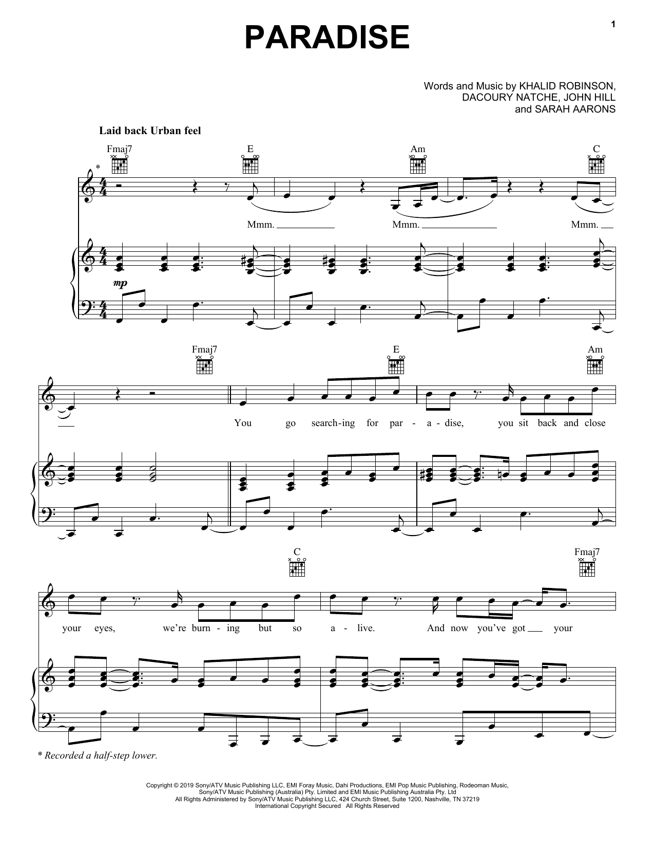 Download Khalid Paradise Sheet Music and learn how to play Piano, Vocal & Guitar Chords (Right-Hand Melody) PDF digital score in minutes