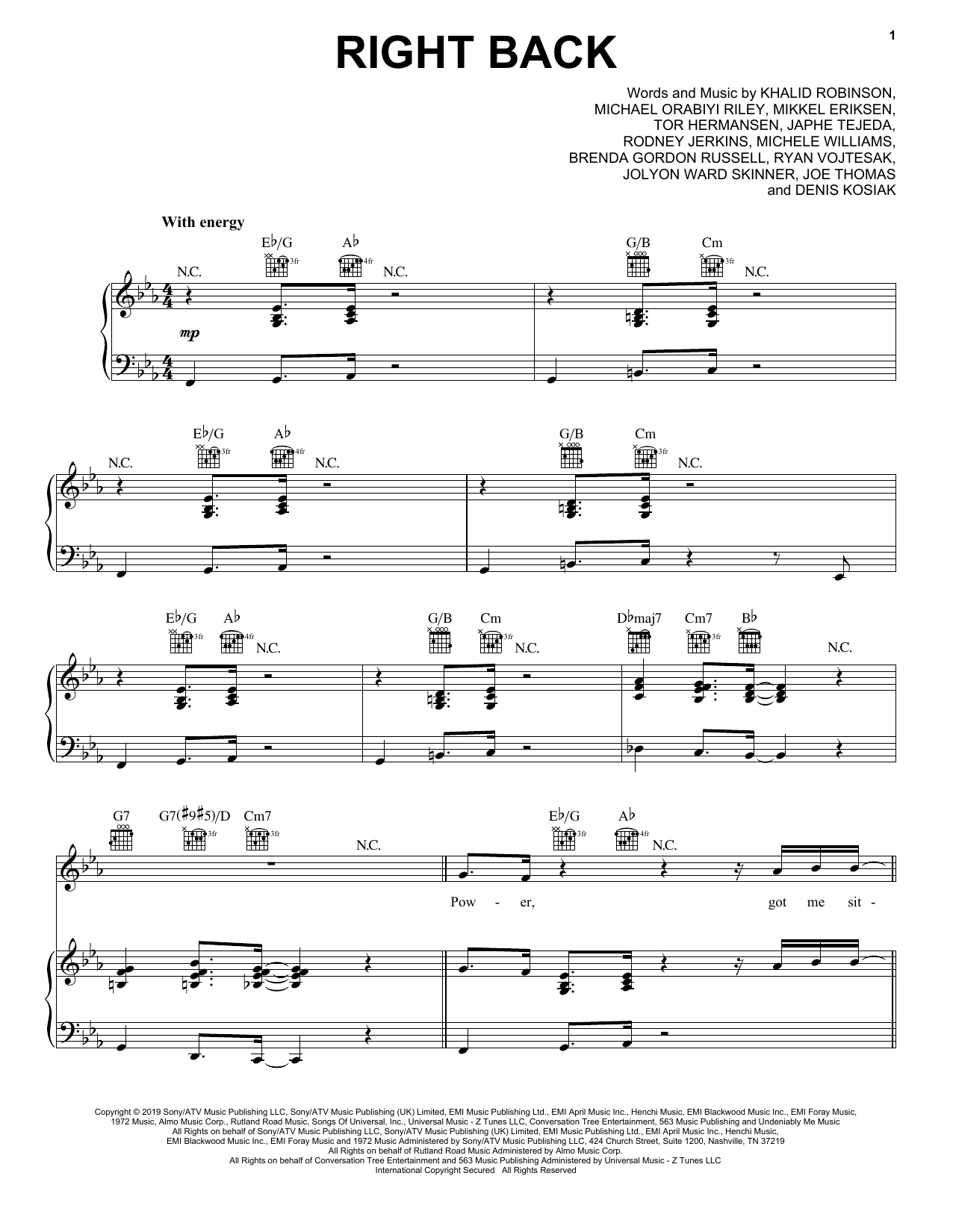 Download Khalid Right Back Sheet Music and learn how to play Piano, Vocal & Guitar Chords (Right-Hand Melody) PDF digital score in minutes