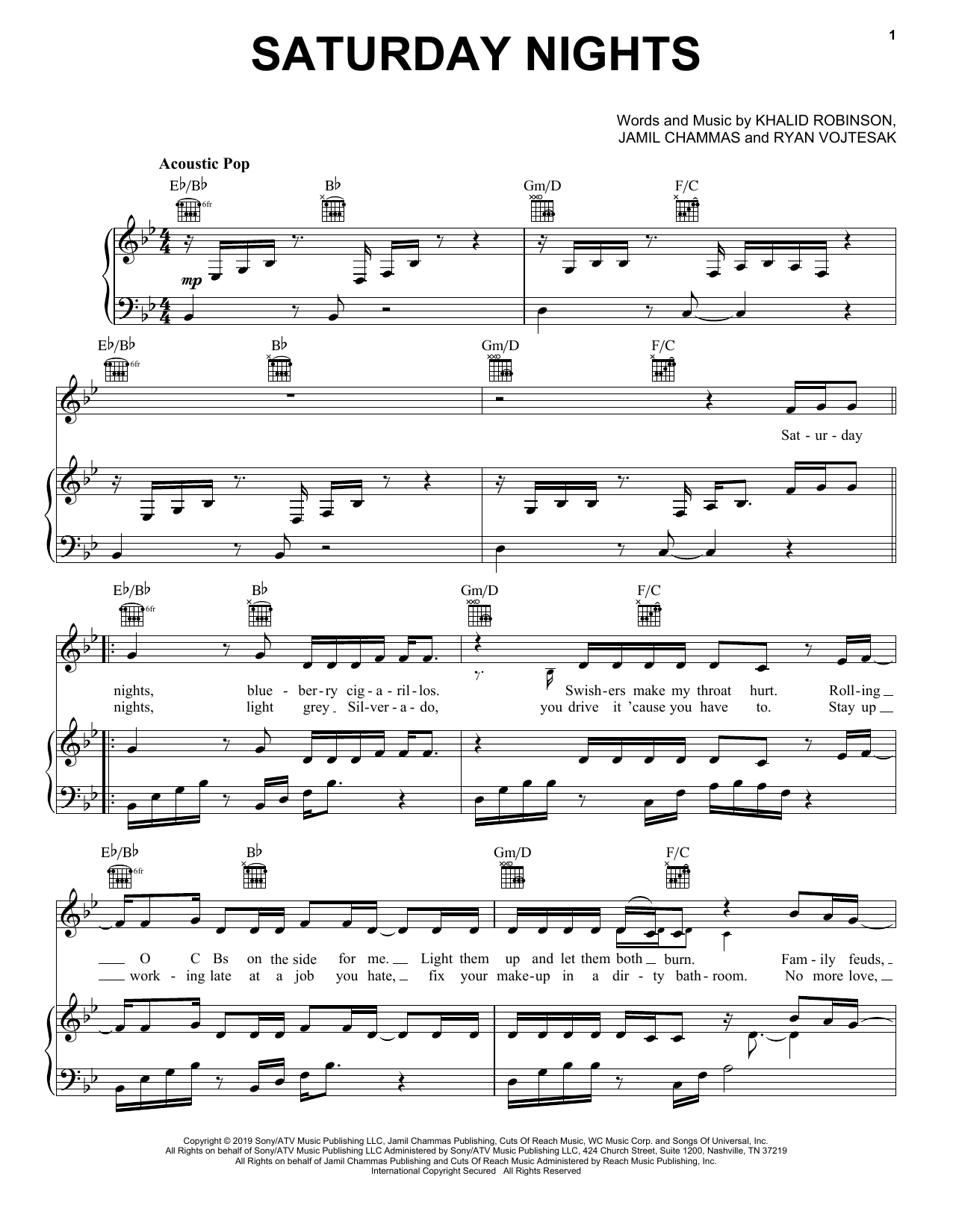 Download Khalid Saturday Nights Sheet Music and learn how to play Piano, Vocal & Guitar Chords (Right-Hand Melody) PDF digital score in minutes