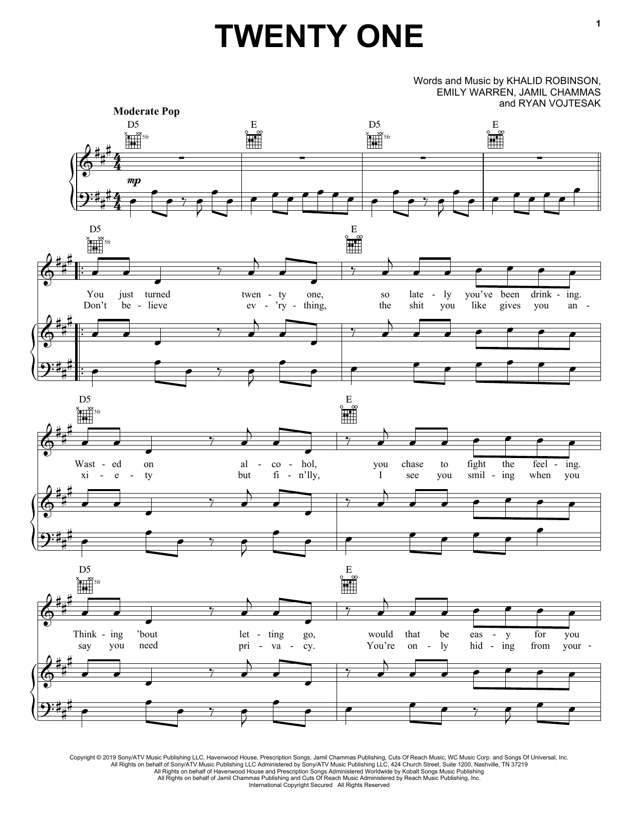 Download Khalid Twenty One Sheet Music and learn how to play Piano, Vocal & Guitar Chords (Right-Hand Melody) PDF digital score in minutes