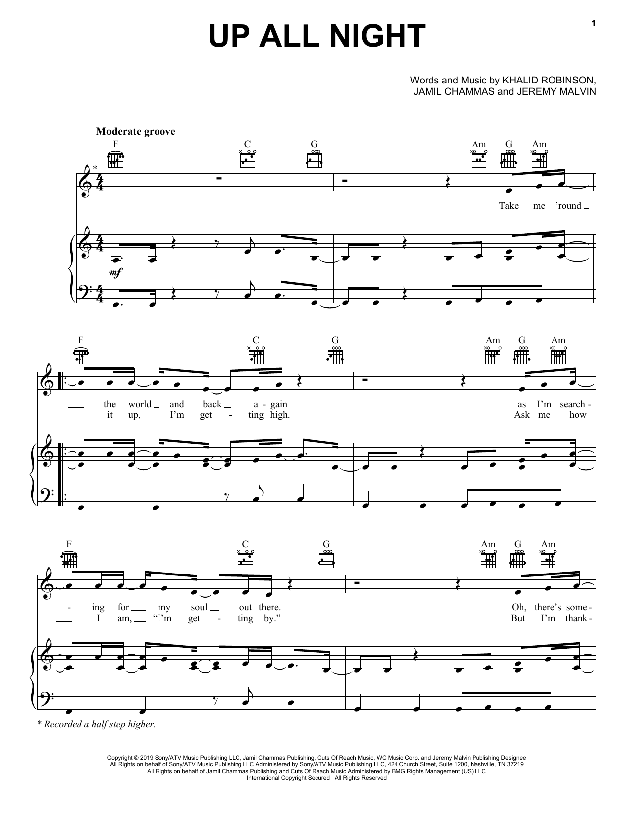 Download Khalid Up All Night Sheet Music and learn how to play Piano, Vocal & Guitar Chords (Right-Hand Melody) PDF digital score in minutes