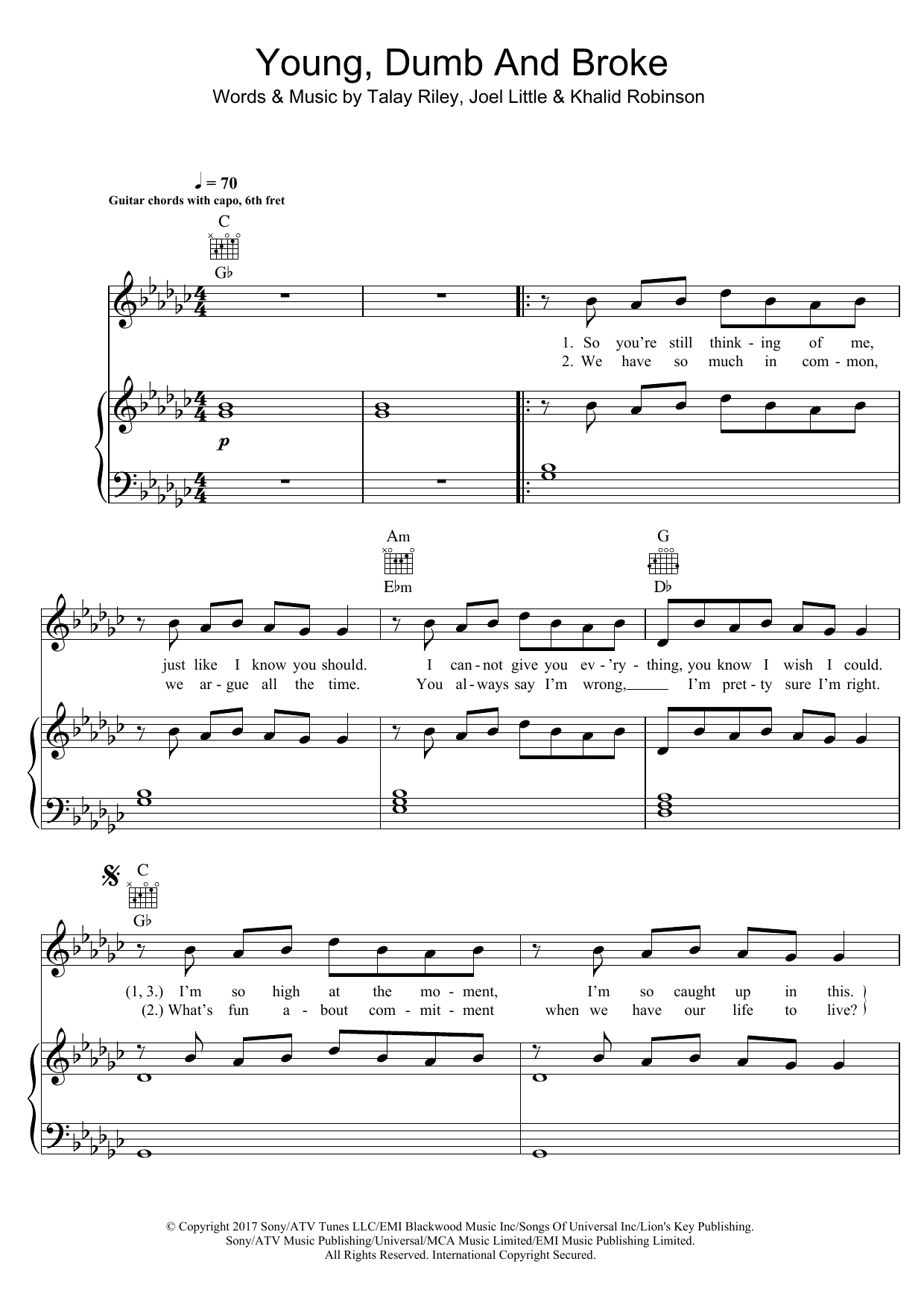 Download Khalid Young, Dumb & Broke Sheet Music and learn how to play Piano, Vocal & Guitar (Right-Hand Melody) PDF digital score in minutes