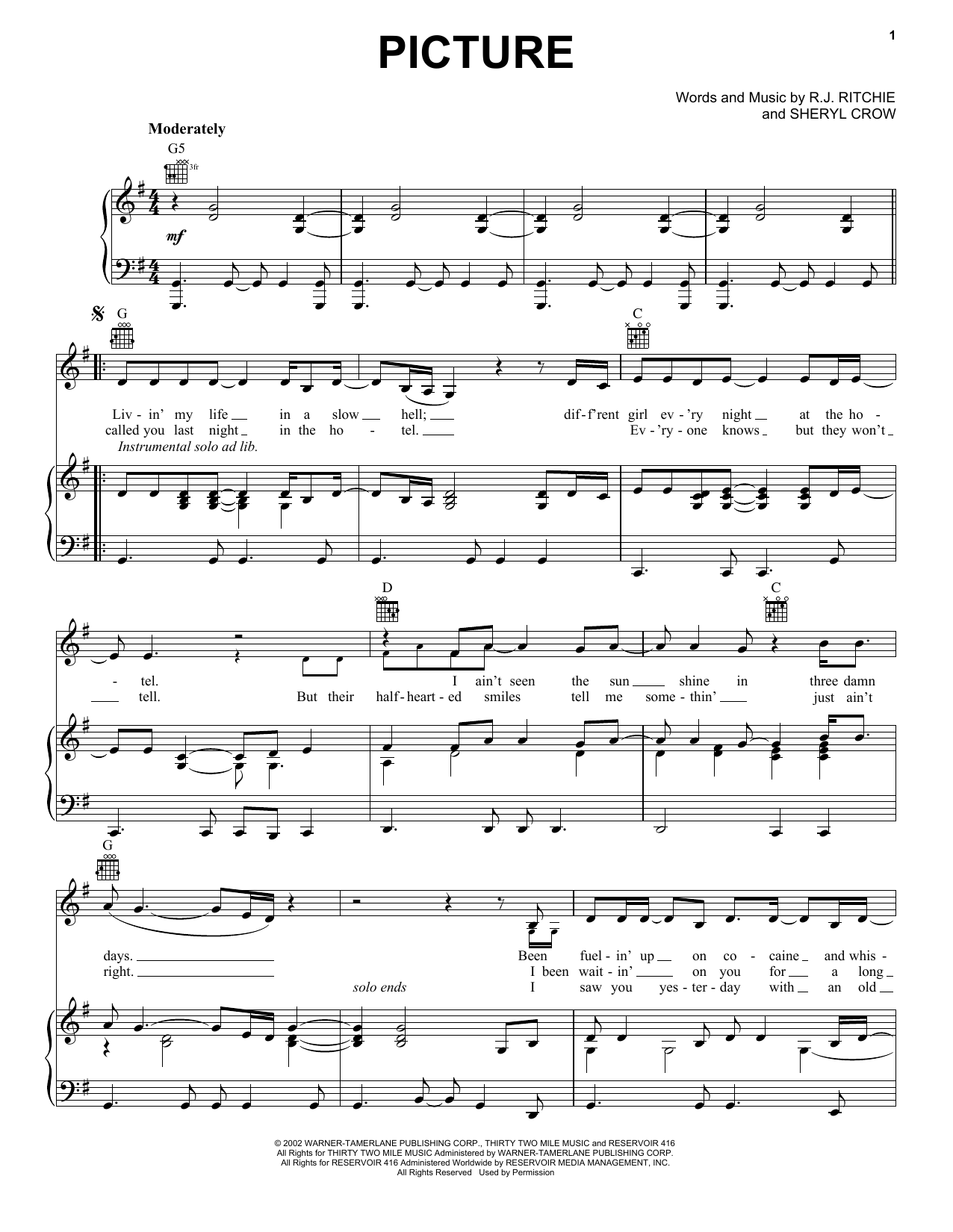 Download Kid Rock Picture Sheet Music and learn how to play Piano, Vocal & Guitar (Right-Hand Melody) PDF digital score in minutes