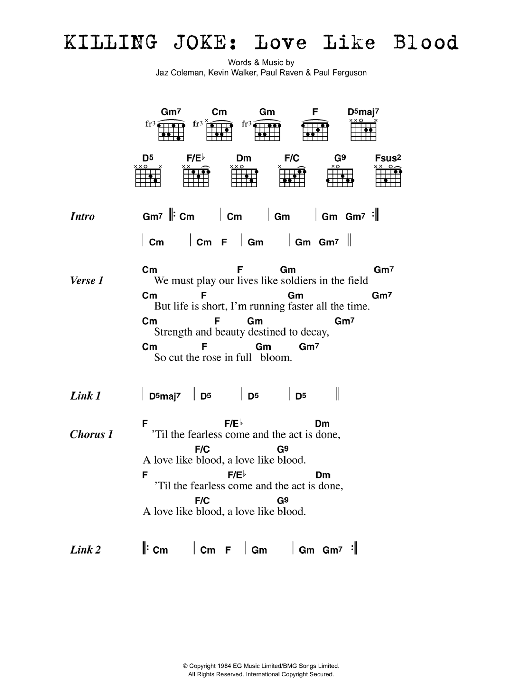 Download Killing Joke Love Like Blood Sheet Music and learn how to play Lyrics & Chords PDF digital score in minutes