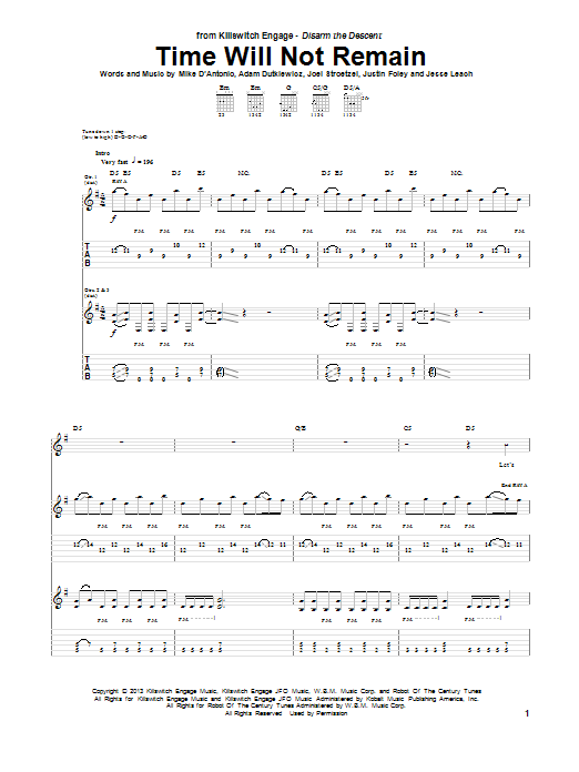Download Killswitch Engage Time Will Not Remain Sheet Music and learn how to play Guitar Tab PDF digital score in minutes