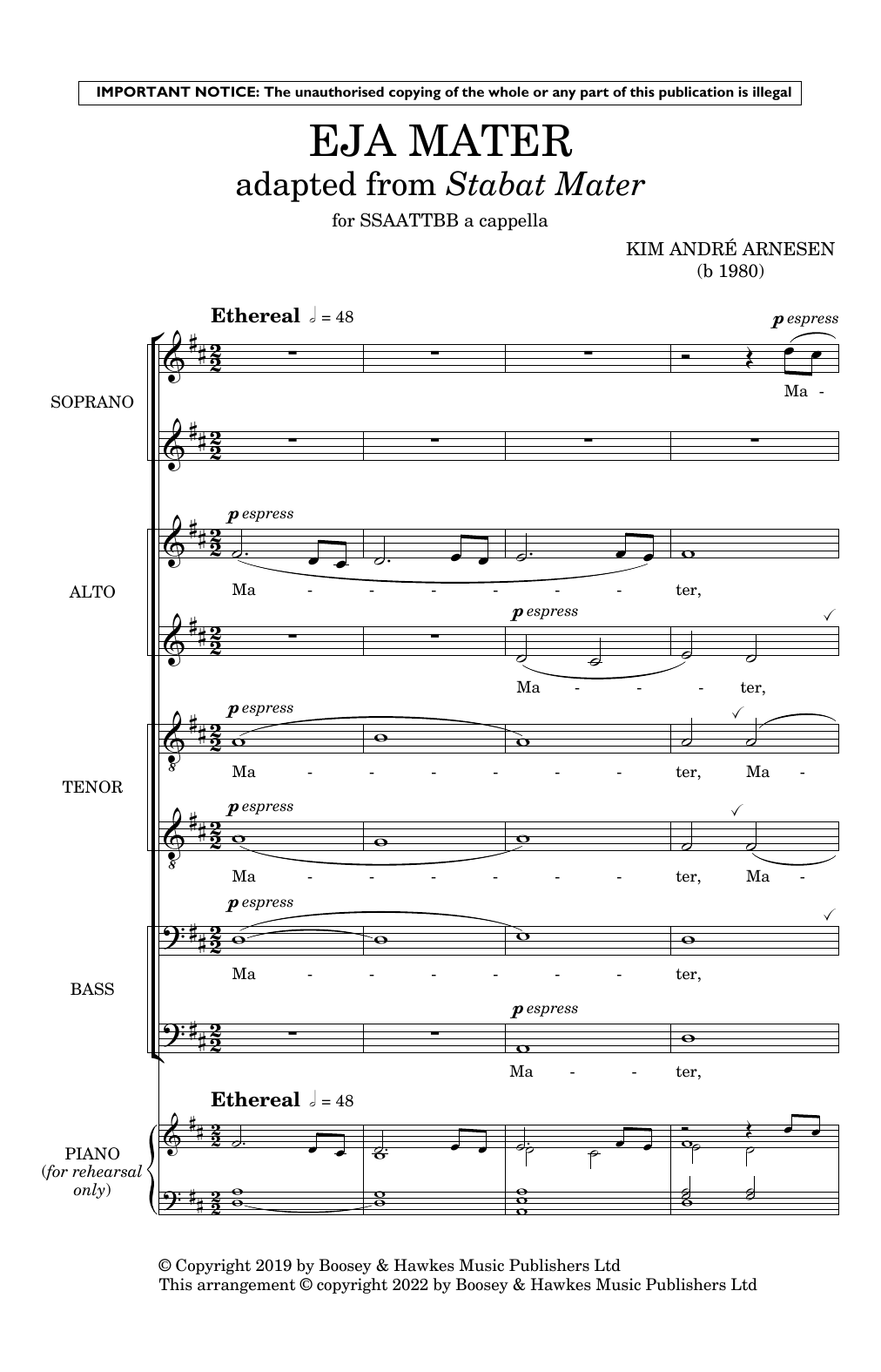 Download Kim André Arnesen Eja Mater (Adapted from Stabat Mater) (a cappella version) Sheet Music and learn how to play SSAATTBB Choir PDF digital score in minutes