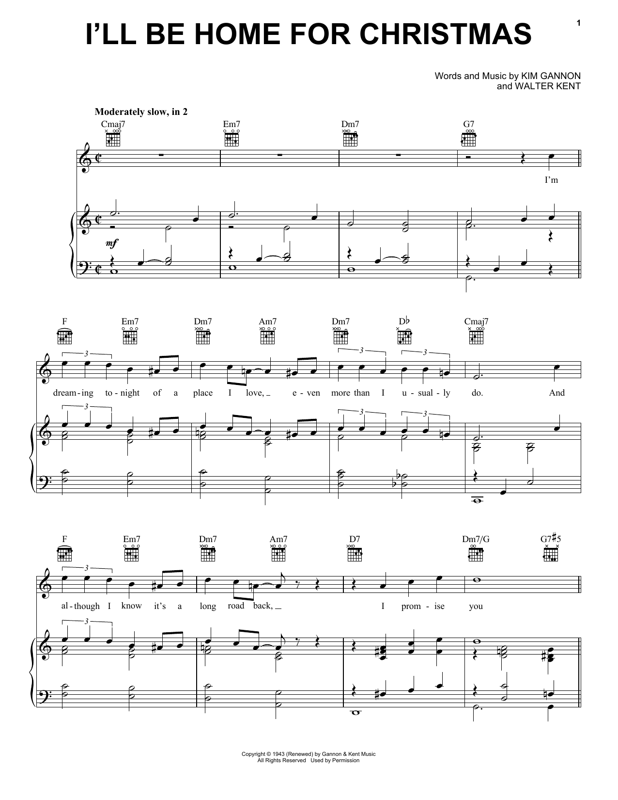 Download Kim Gannon & Walter Kent I'll Be Home For Christmas Sheet Music and learn how to play Piano, Vocal & Guitar Chords (Right-Hand Melody) PDF digital score in minutes