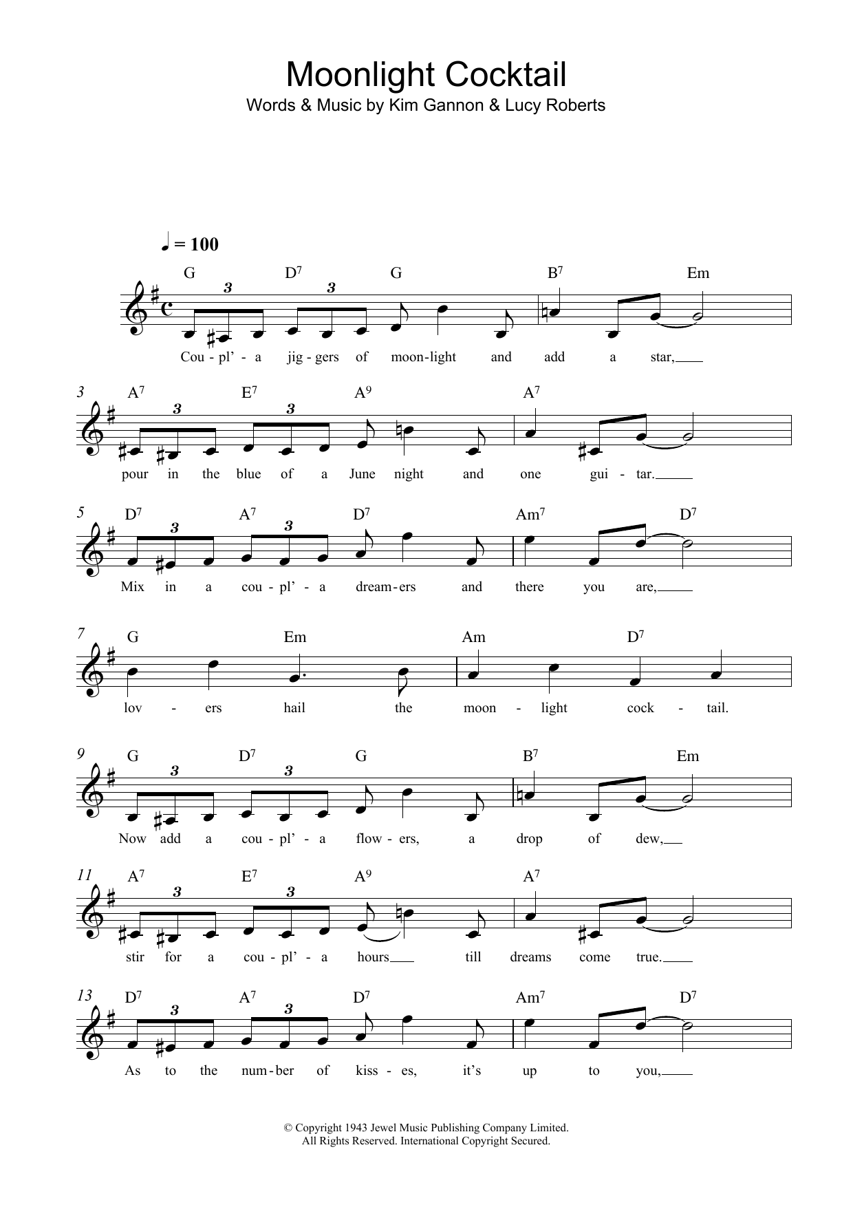 Download Kim Gannon Moonlight Cocktail Sheet Music and learn how to play Lead Sheet / Fake Book PDF digital score in minutes