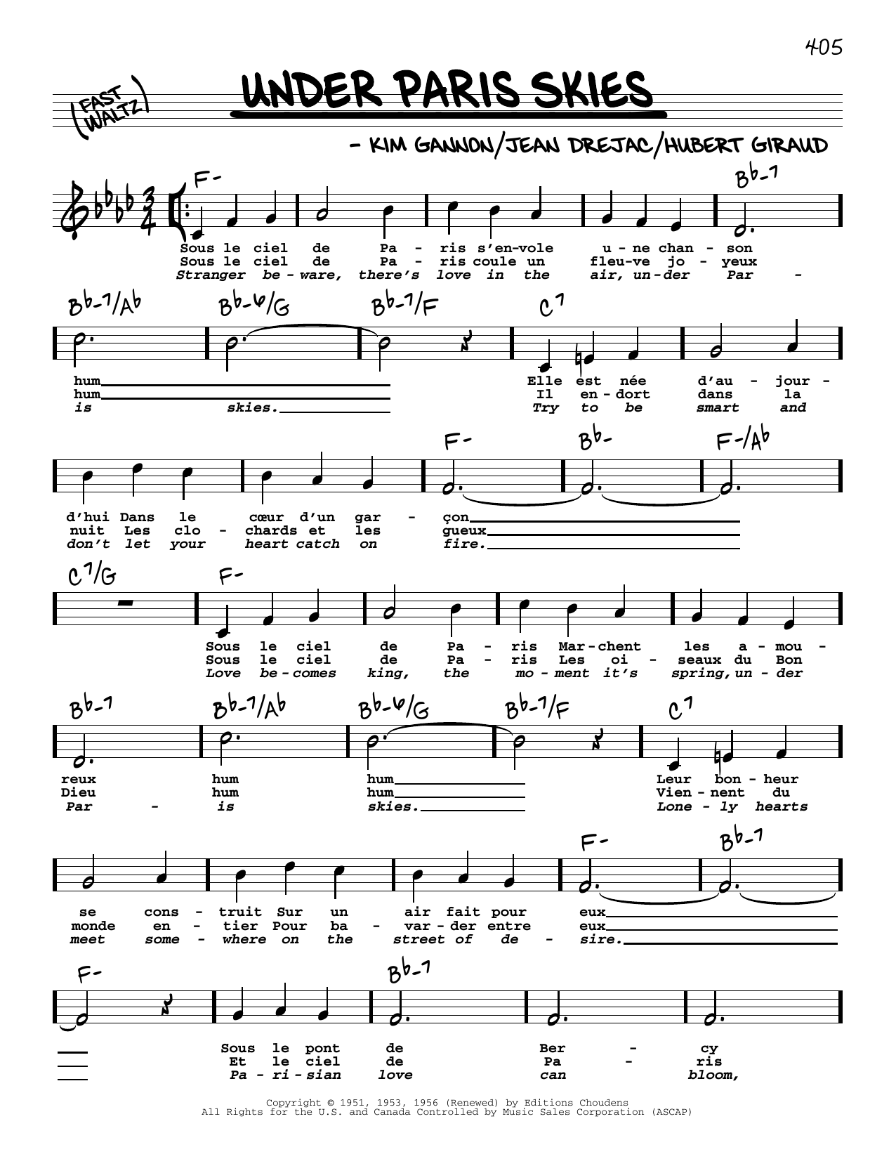 Download Kim Gannon Under Paris Skies (High Voice) Sheet Music and learn how to play Real Book – Melody, Lyrics & Chords PDF digital score in minutes
