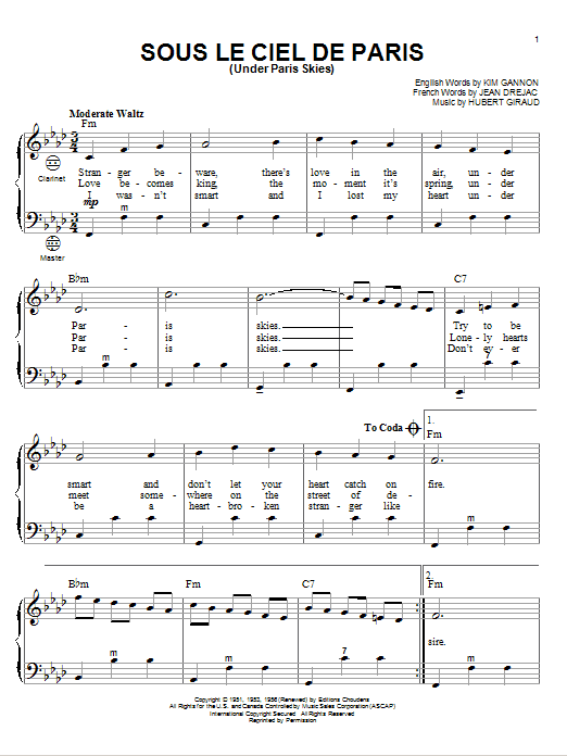 Download Kim Gannon Under Paris Skies Sheet Music and learn how to play Melody Line, Lyrics & Chords PDF digital score in minutes