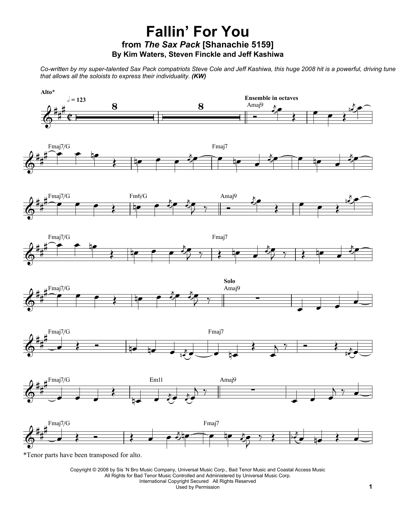 Download Kim Waters Fallin' For You Sheet Music and learn how to play Alto Sax Transcription PDF digital score in minutes