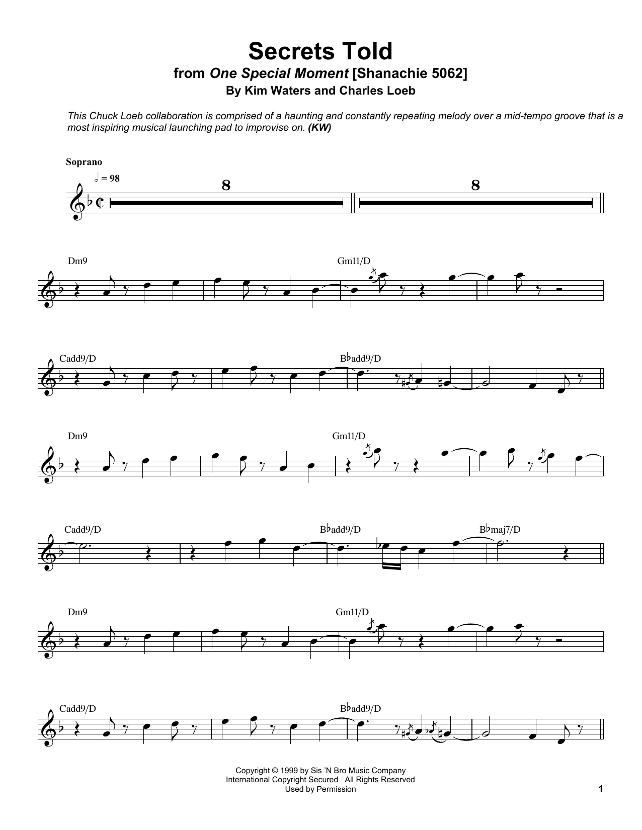 Download Kim Waters Secrets Told Sheet Music and learn how to play Soprano Sax Transcription PDF digital score in minutes