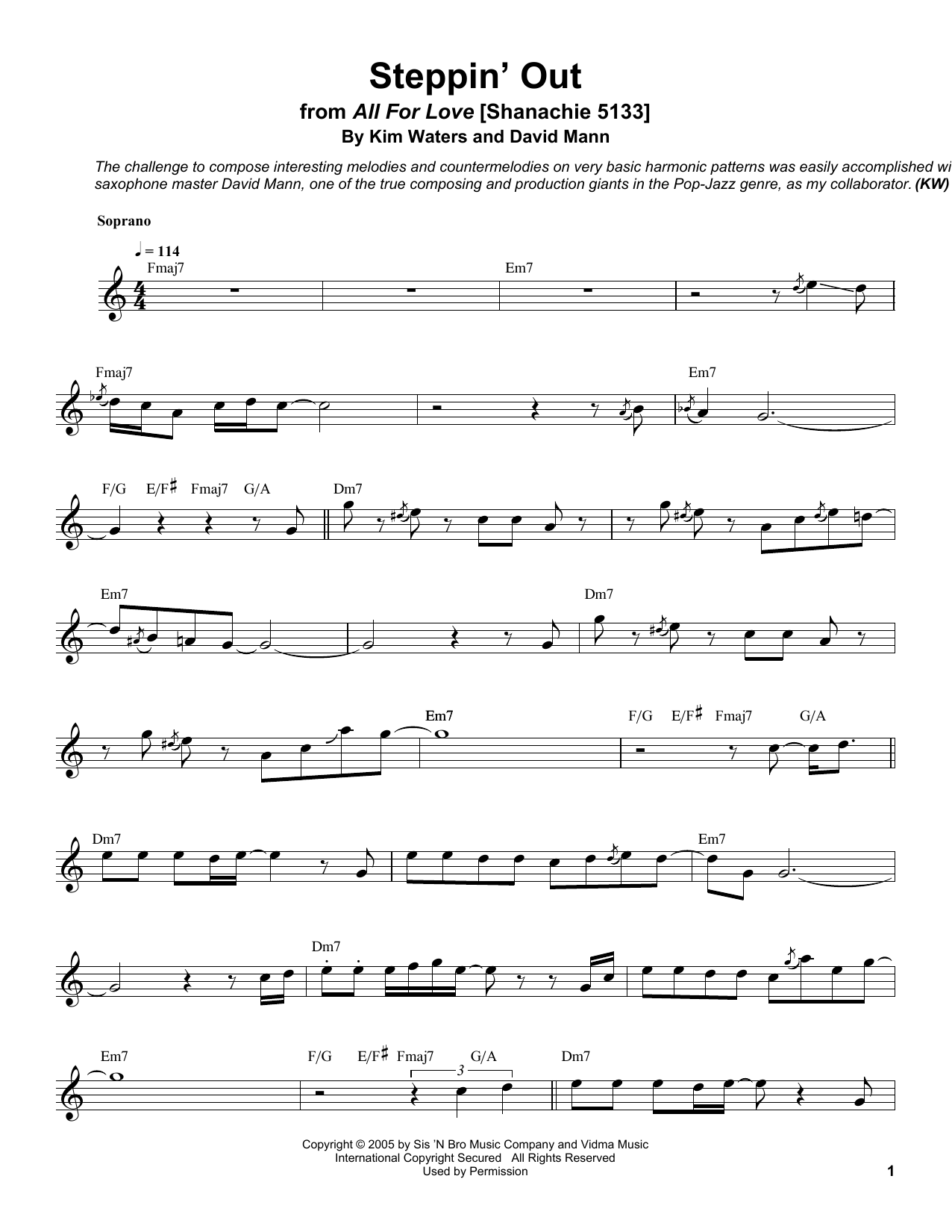 Download Kim Waters Steppin' Out Sheet Music and learn how to play Soprano Sax Transcription PDF digital score in minutes