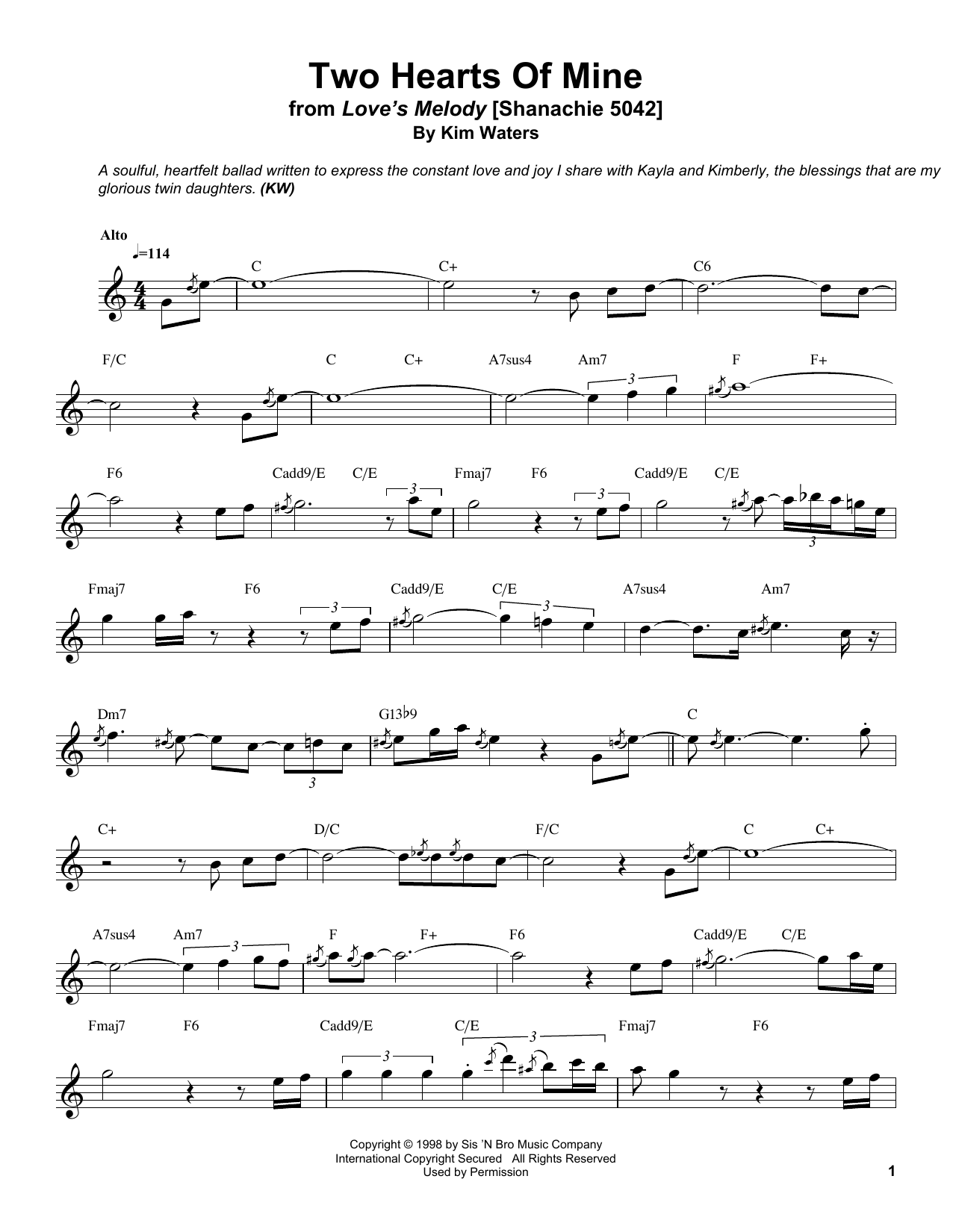 Download Kim Waters Two Hearts Of Mine Sheet Music and learn how to play Alto Sax Transcription PDF digital score in minutes
