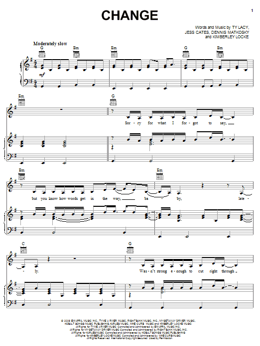 Download Kimberley Locke Change Sheet Music and learn how to play Piano, Vocal & Guitar (Right-Hand Melody) PDF digital score in minutes