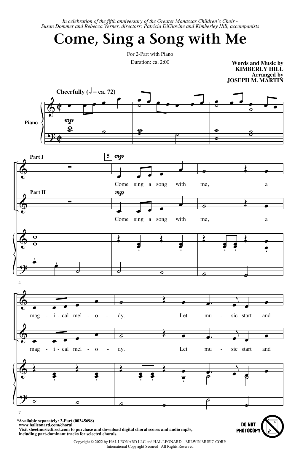 Download Kimberly Hill Come, Sing A Song With Me (arr. Joseph M. Martin) Sheet Music and learn how to play 2-Part Choir PDF digital score in minutes