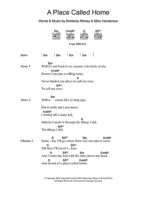 Download Kimberly Richey A Place Called Home Sheet Music and learn how to play Lyrics & Chords PDF digital score in minutes