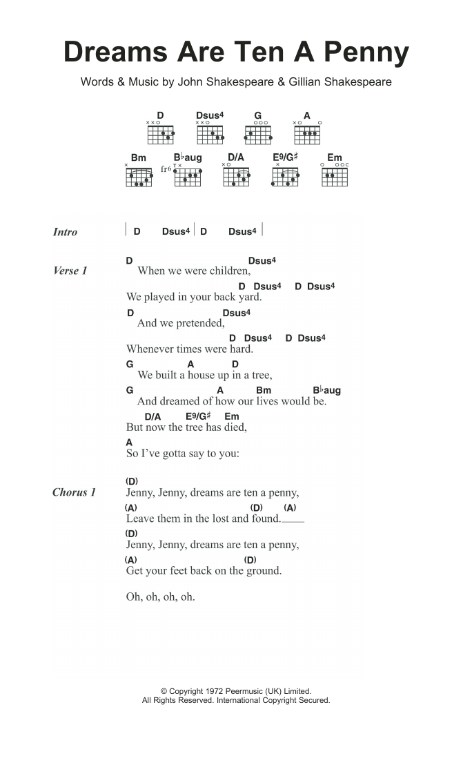 Download Kincade Dreams Are Ten A Penny Sheet Music and learn how to play Lyrics & Chords PDF digital score in minutes