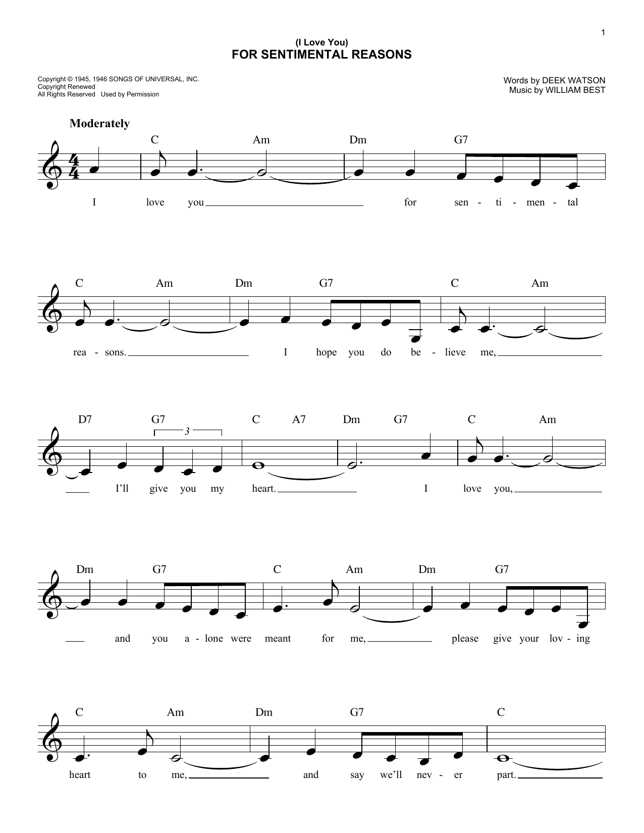 Download King Cole Trio (I Love You) For Sentimental Reasons Sheet Music and learn how to play Melody Line, Lyrics & Chords PDF digital score in minutes