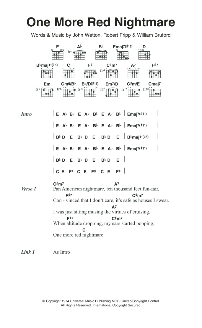 Download King Crimson One More Red Nightmare Sheet Music and learn how to play Lyrics & Chords PDF digital score in minutes