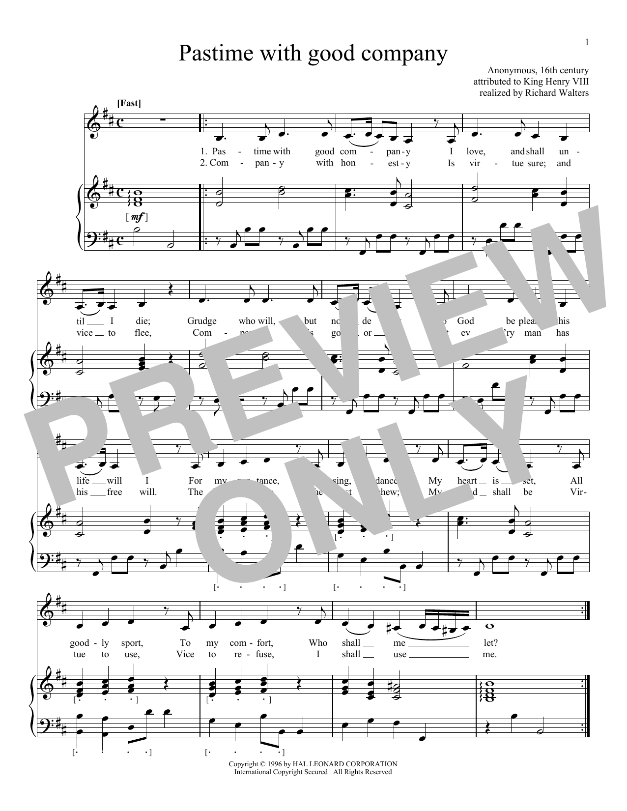 Download King Henry VIII Pastime With Good Company Sheet Music and learn how to play Piano & Vocal PDF digital score in minutes
