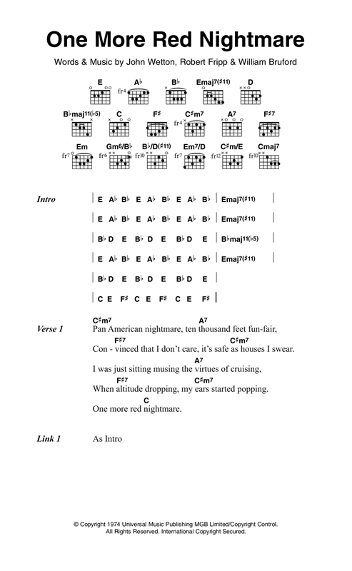 Download King Crimson One More Red Nightmare Sheet Music and learn how to play Lyrics & Chords PDF digital score in minutes